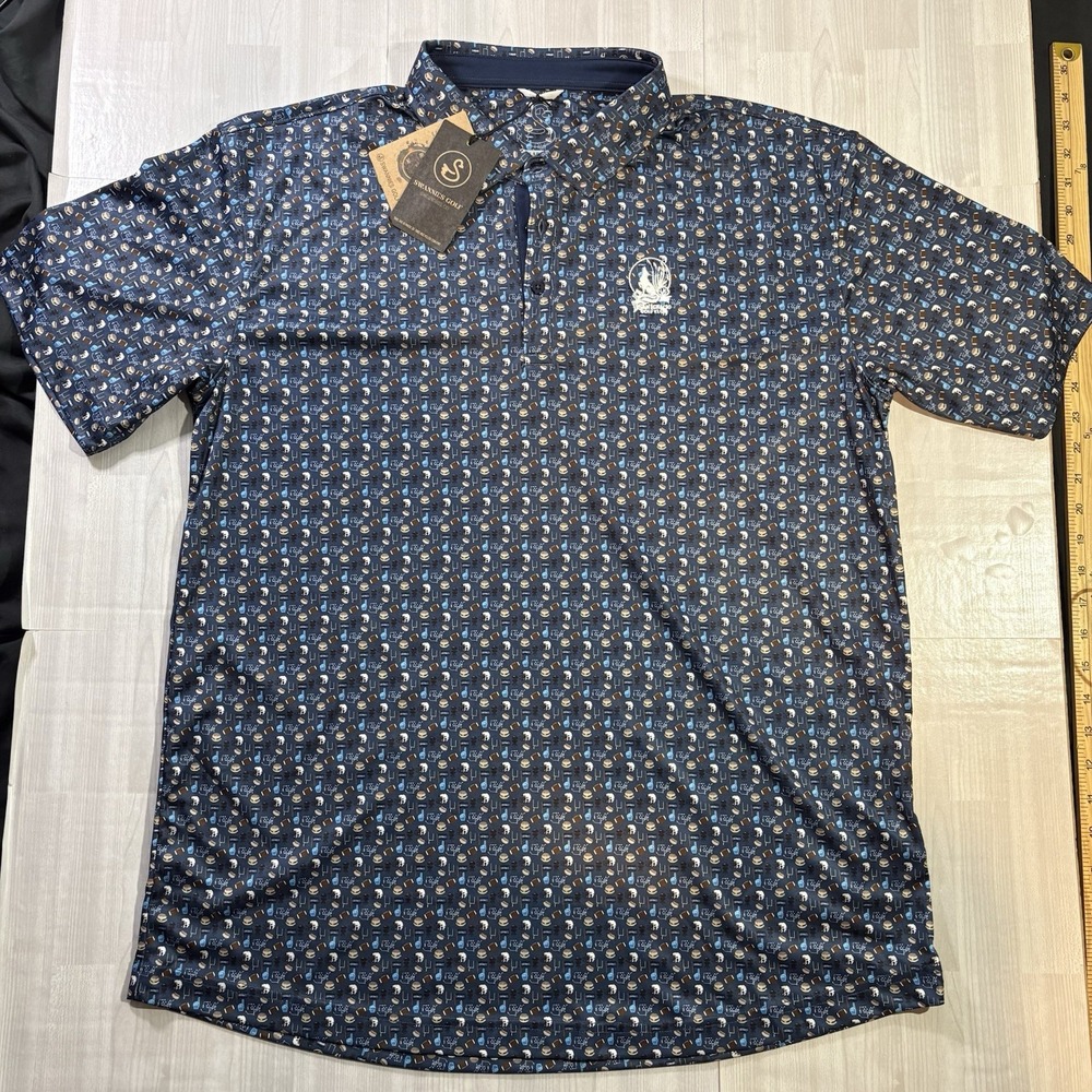 Swannies Golf "Joe Tailgate" Print Short Sleeve Polo Shirt Size XL Navy Blue